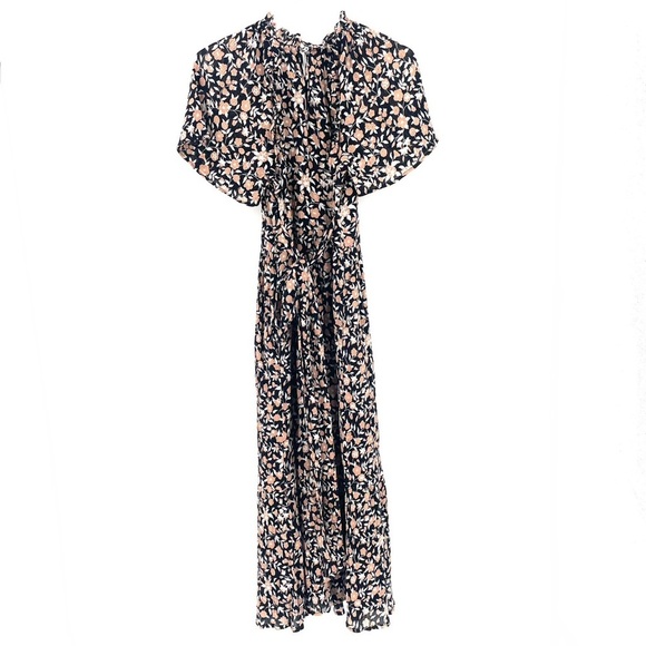 BANJANAN Anthropologie Boho Brown Black Floral Tie Waist MIDI Flowy Dress - Picture 4 of 9